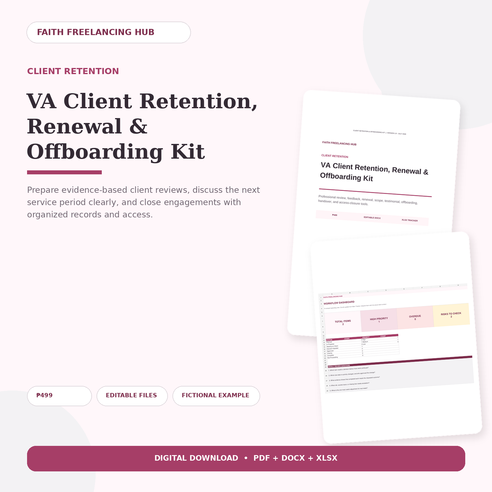 VA Client Retention, Renewal and Offboarding Kit showing its guide and Excel dashboard