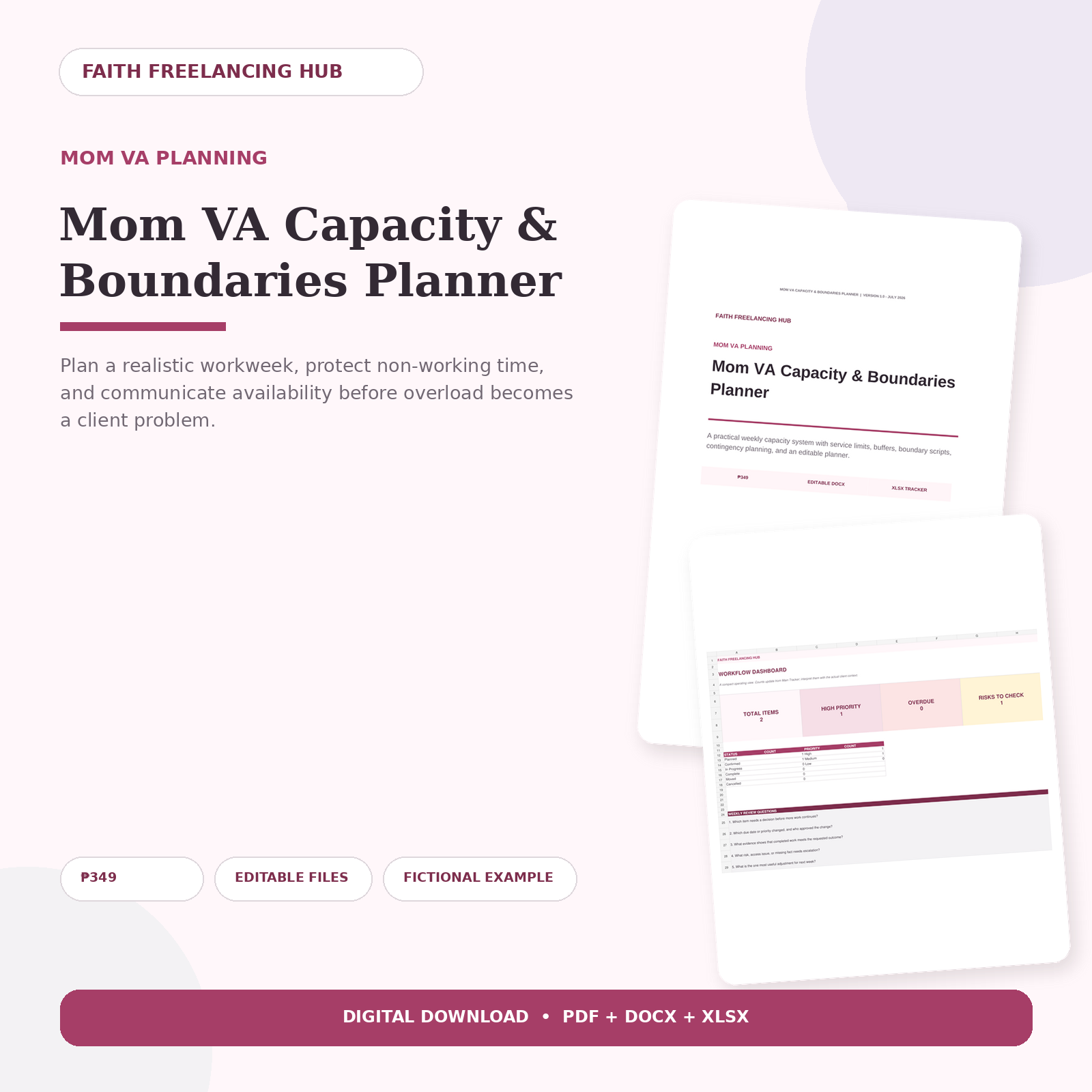 Mom VA Capacity and Boundaries Planner showing its guide and Excel calculator