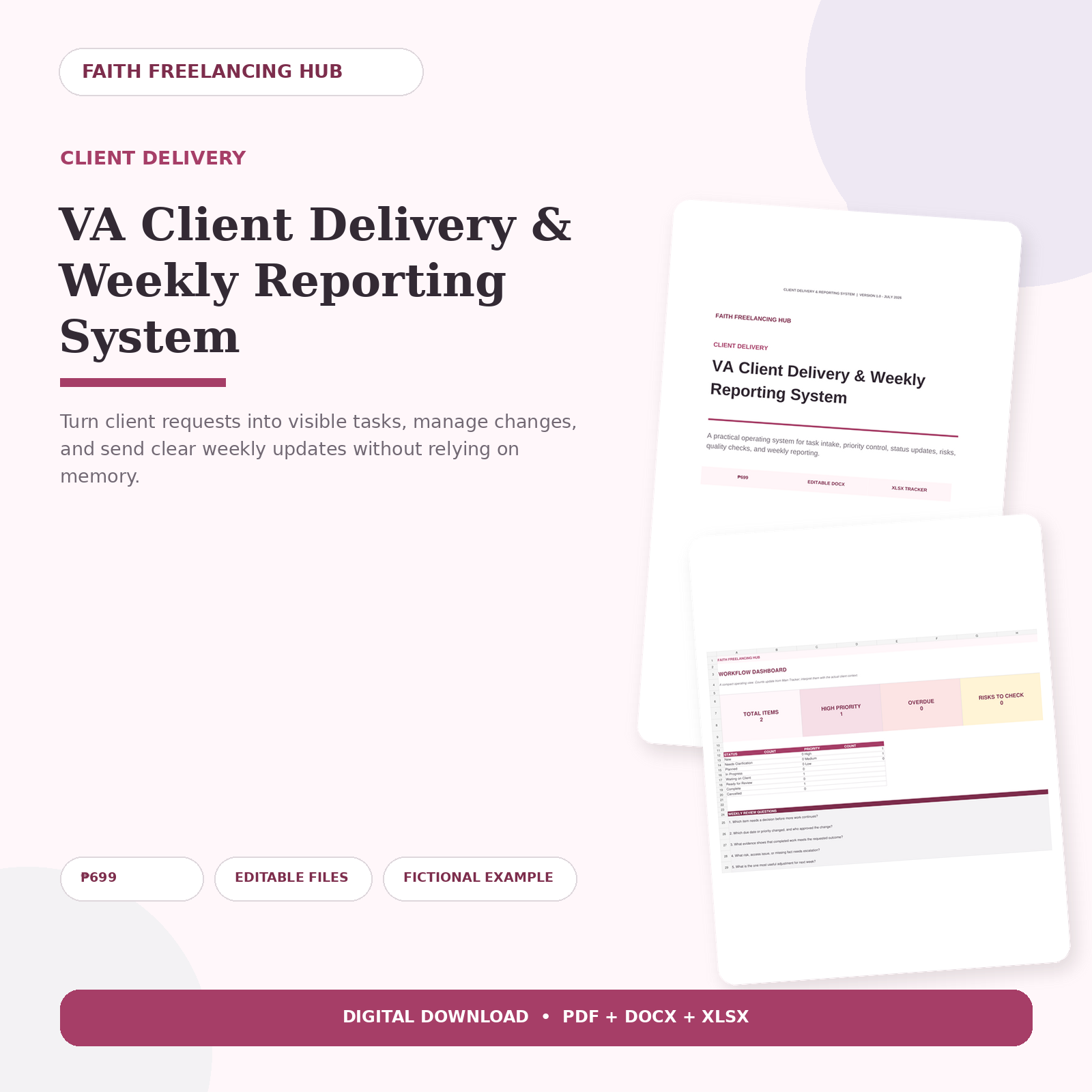 VA Client Delivery and Weekly Reporting System showing its guide and Excel dashboard