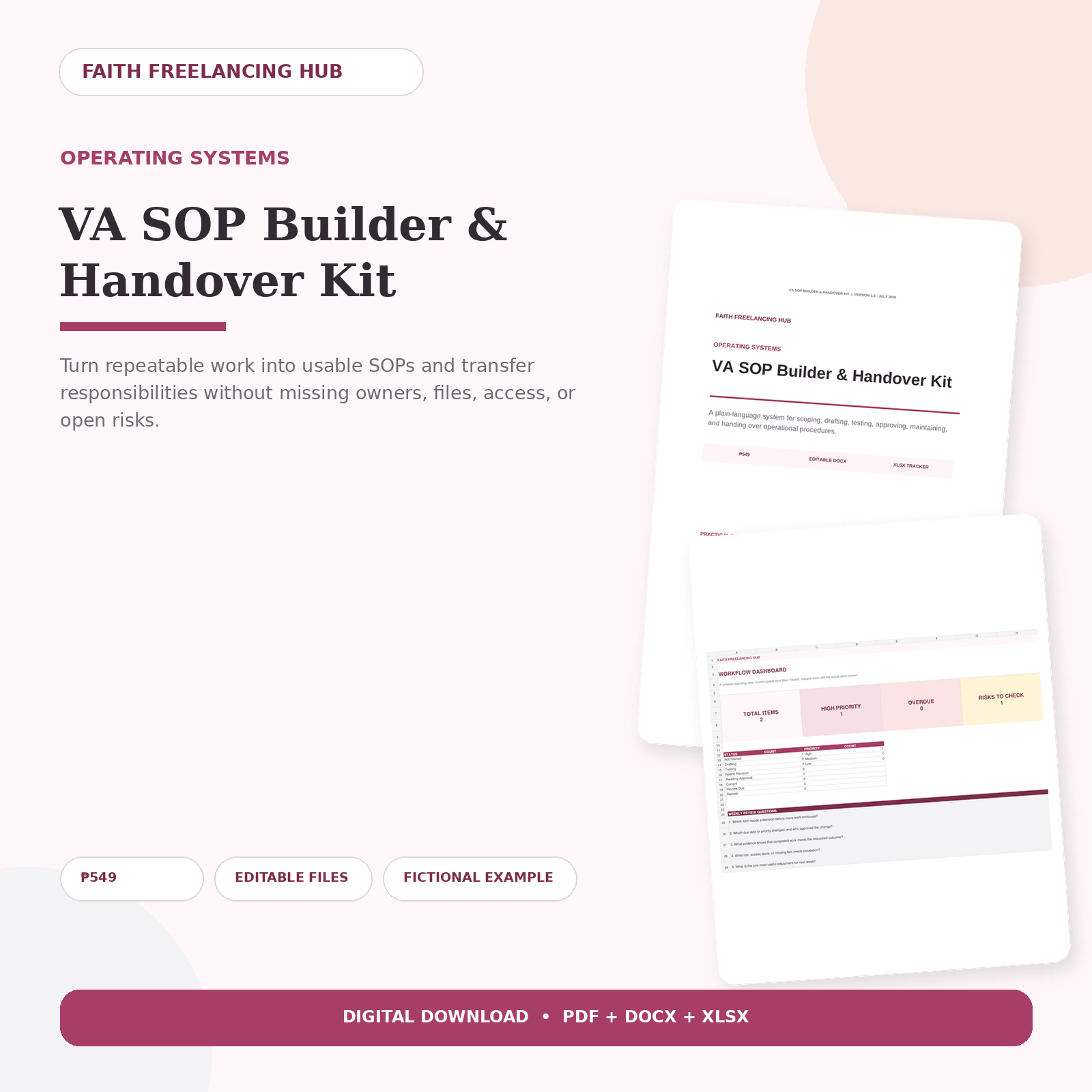 VA SOP Builder and Handover Kit showing its guide and Excel dashboard